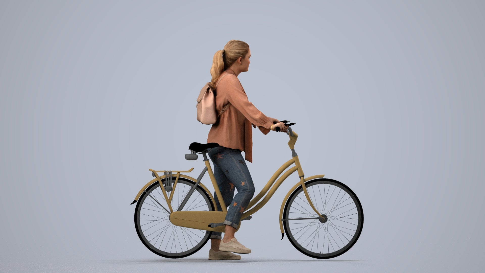 3D scanned woman cycling casual, photorealistic archviz people for Enscape and SketchUp, side view render