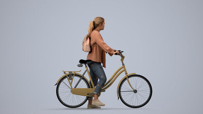 3D scanned woman cycling casual, photorealistic archviz people for Enscape and SketchUp, side view render