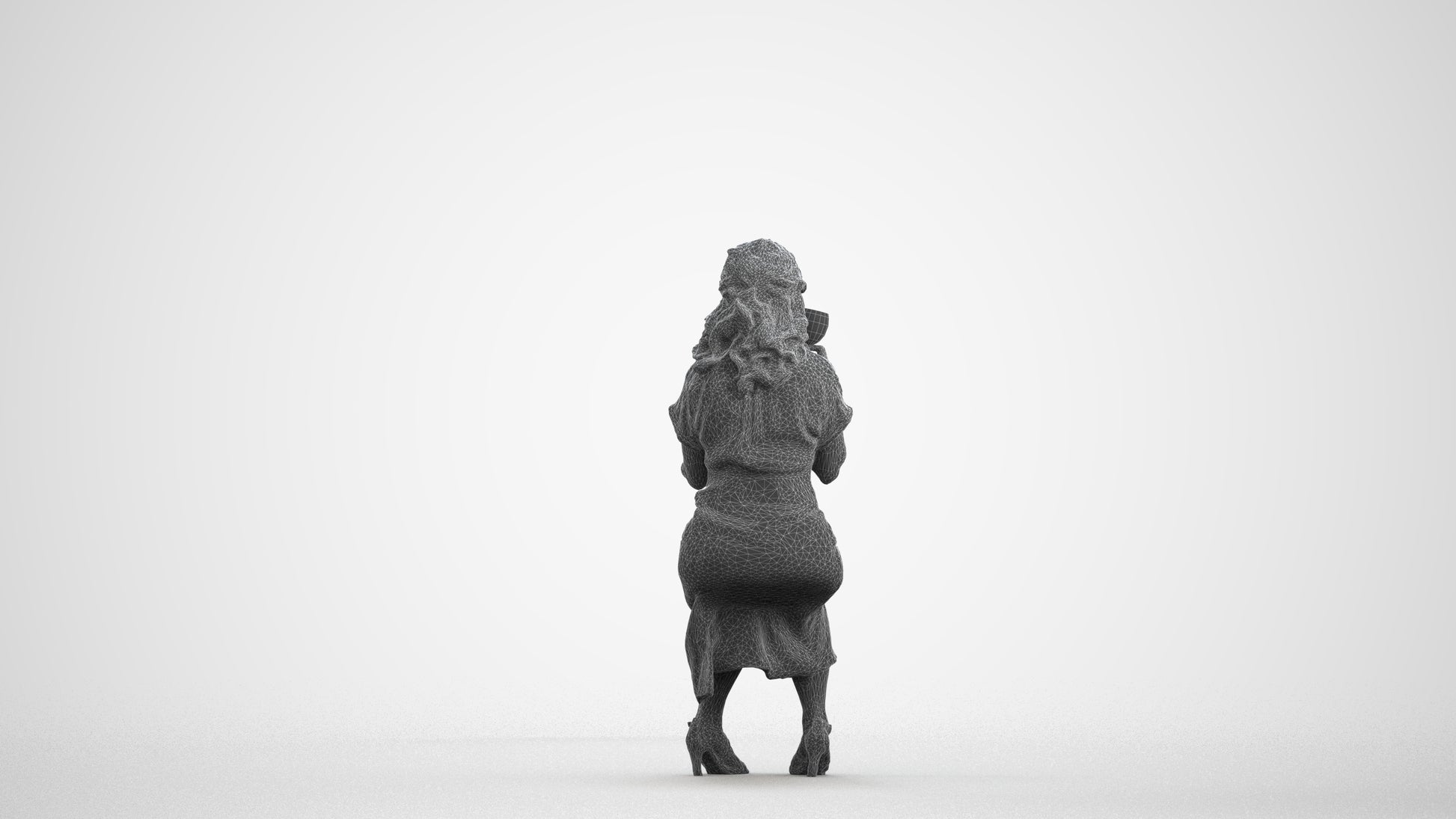 3D human model woman casual sitting, photogrammetry scanned person for archviz, wireframe front view