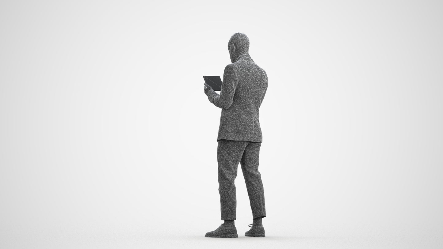 realistic 3D man business standing, scanned archviz people for Blender and 3ds Max, wireframe front view
