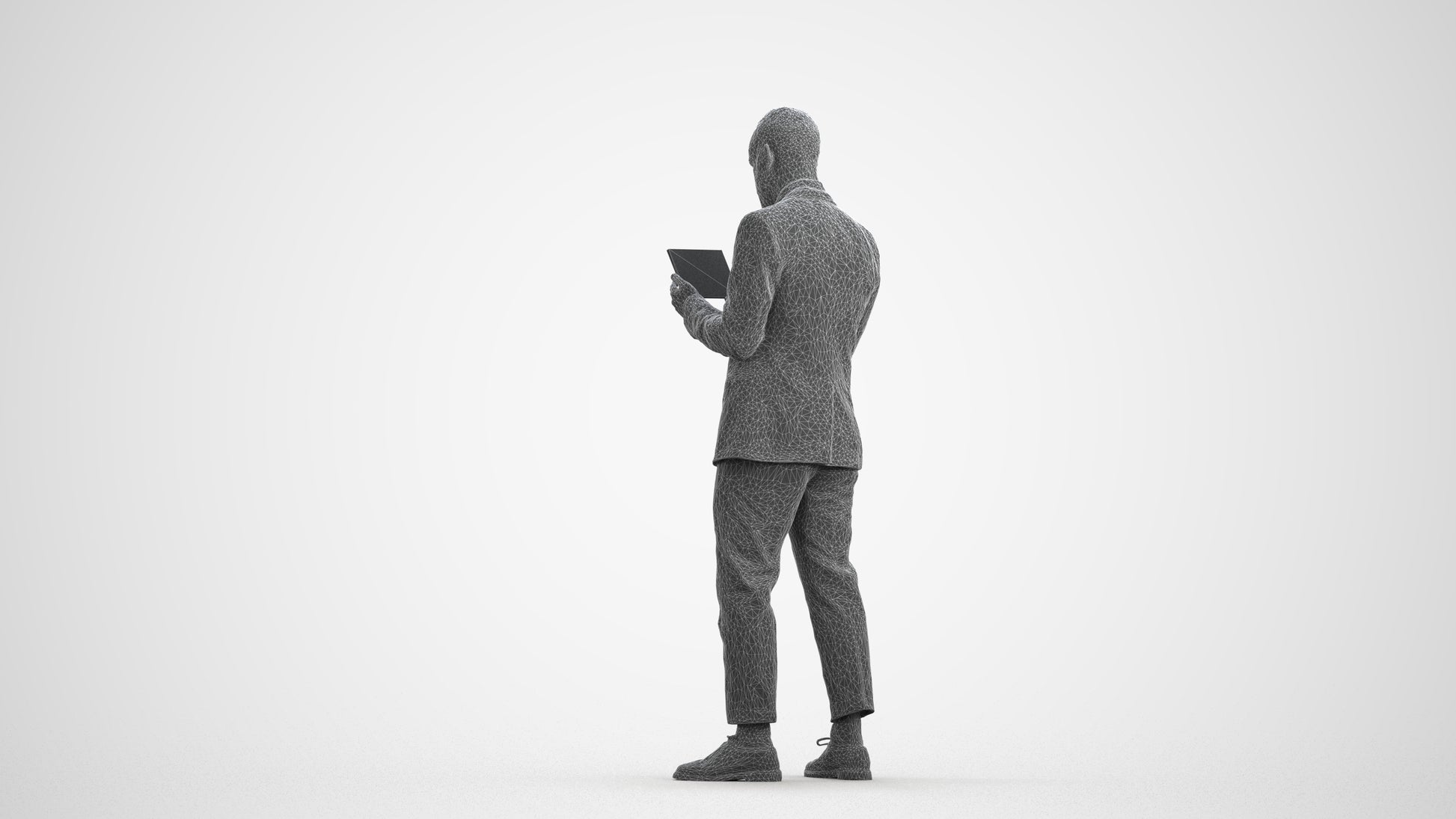 realistic 3D man business standing, scanned archviz people for Blender and 3ds Max, wireframe front view