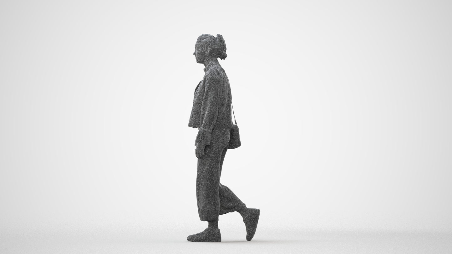 3D human model woman casual walking, photogrammetry scanned person for archviz, square thumbnail