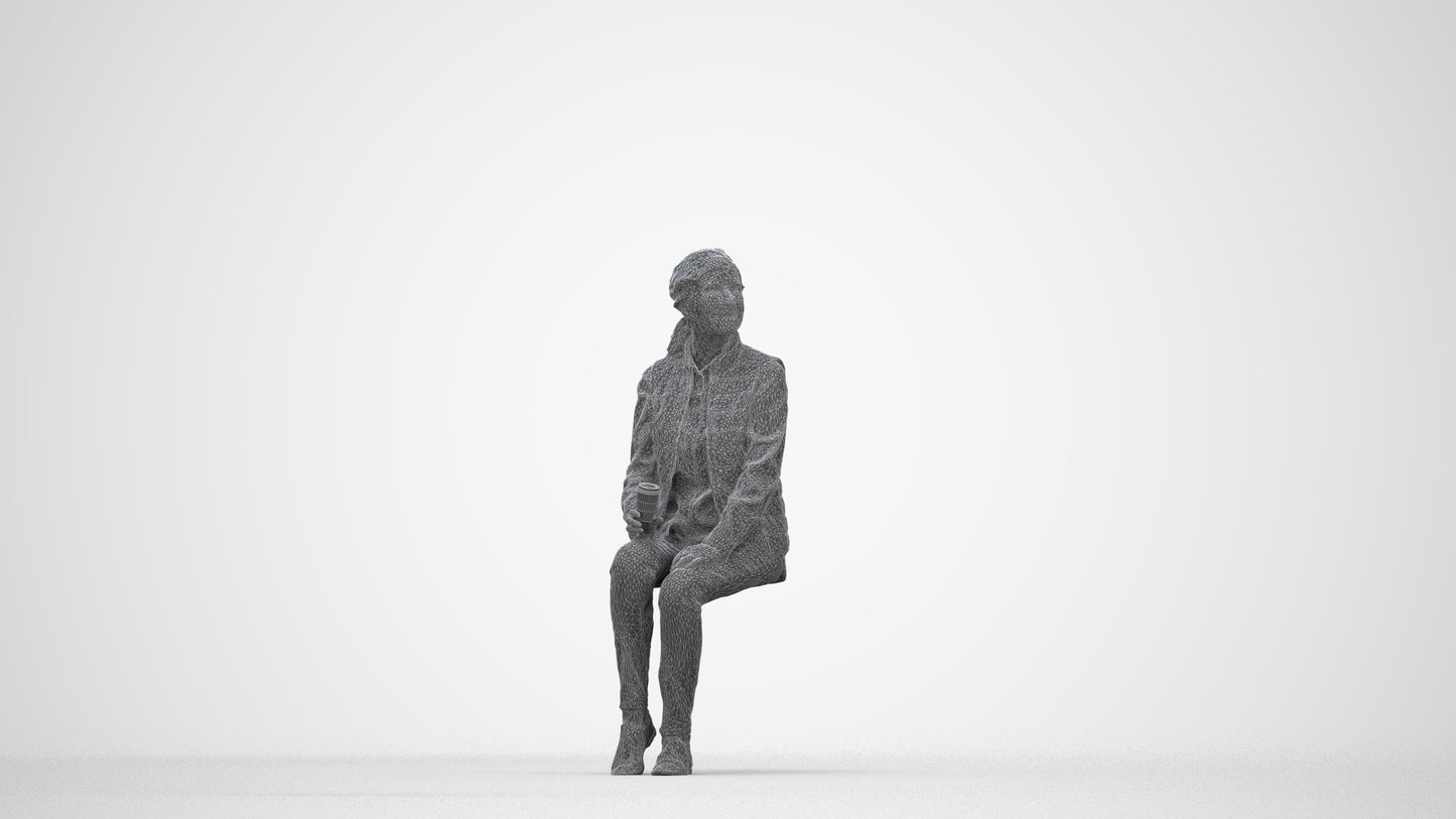 3D scanned senior woman sitting casual, photorealistic archviz people for Enscape and SketchUp, wireframe back view