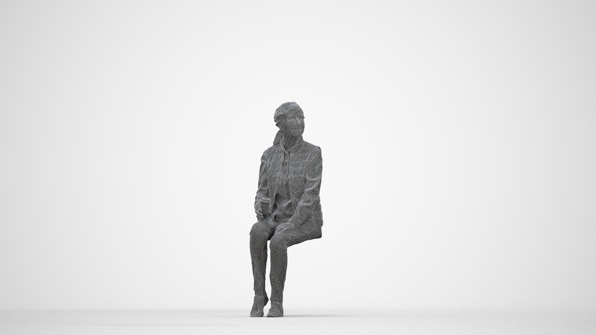 3D scanned senior woman sitting casual, photorealistic archviz people for Enscape and SketchUp, wireframe back view