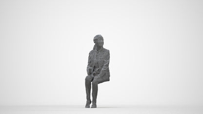 3D scanned senior woman sitting casual, photorealistic archviz people for Enscape and SketchUp, wireframe back view