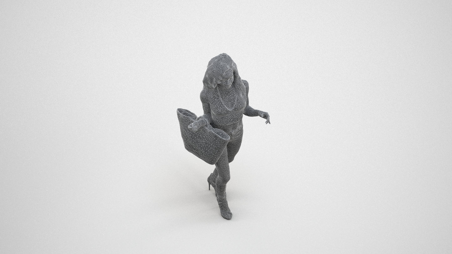 photogrammetry 3D woman casual walking, realistic human model archviz FBX, wireframe three-quarter view