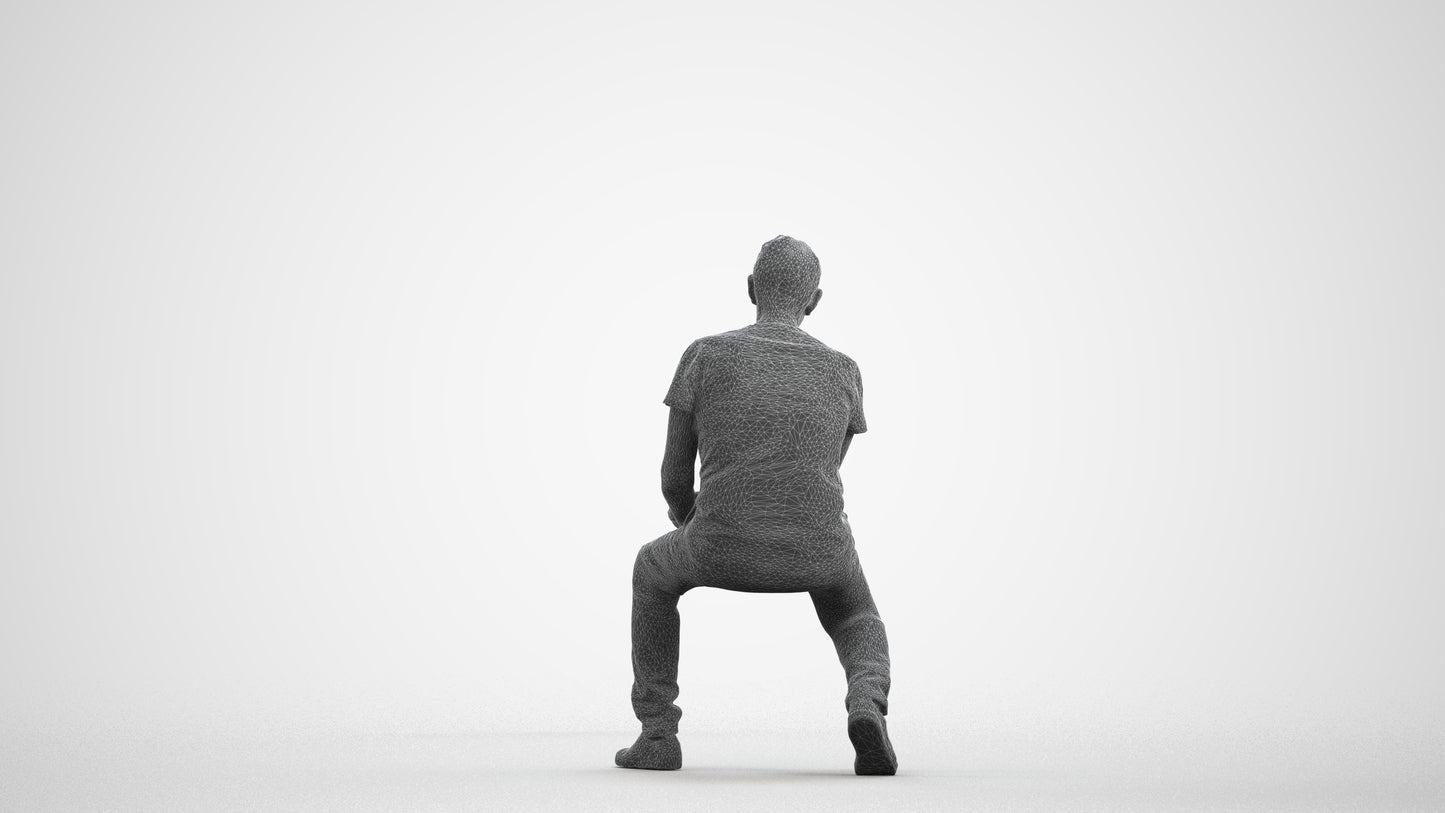 scanned 3D senior man casual sitting, photogrammetry people for Enscape and V-Ray, wireframe front view