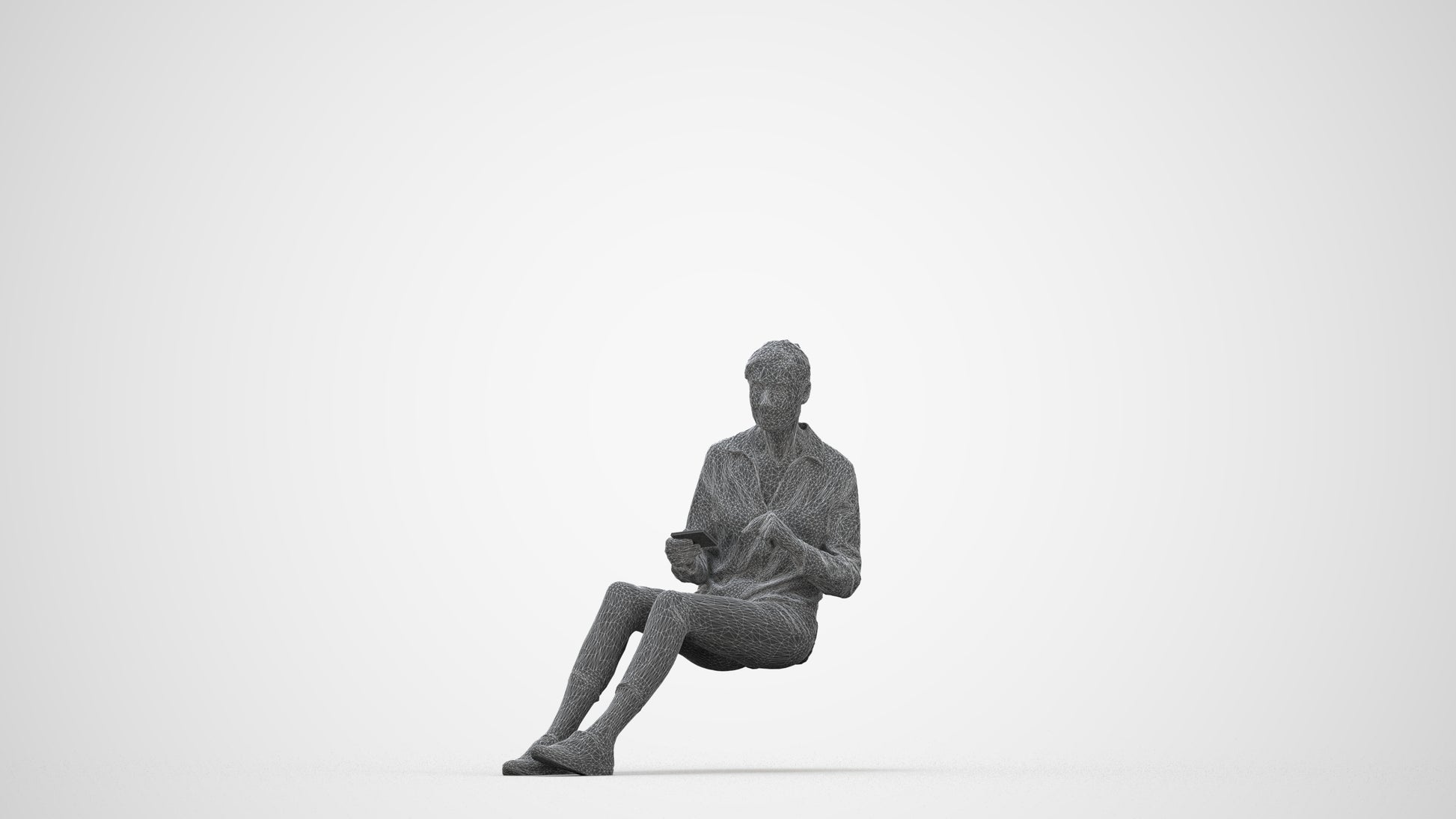 3D scanned senior woman sitting casual, photorealistic archviz people for Enscape and SketchUp, wireframe back view
