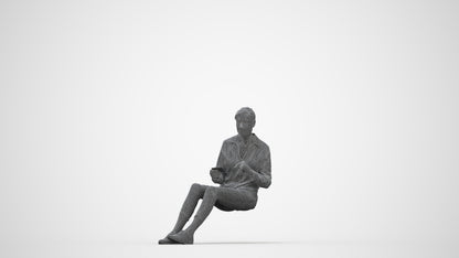 3D scanned senior woman sitting casual, photorealistic archviz people for Enscape and SketchUp, wireframe back view