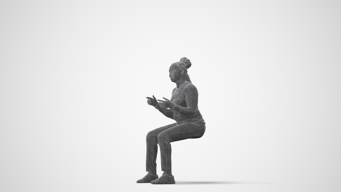 3D human model woman casual sitting, photogrammetry scanned person for archviz, square thumbnail