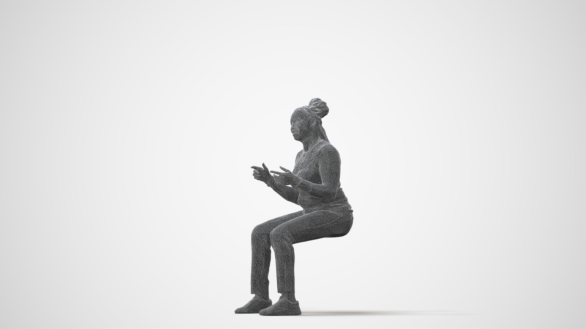 3D human model woman casual sitting, photogrammetry scanned person for archviz, square thumbnail