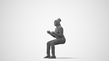 3D human model woman casual sitting, photogrammetry scanned person for archviz, square thumbnail