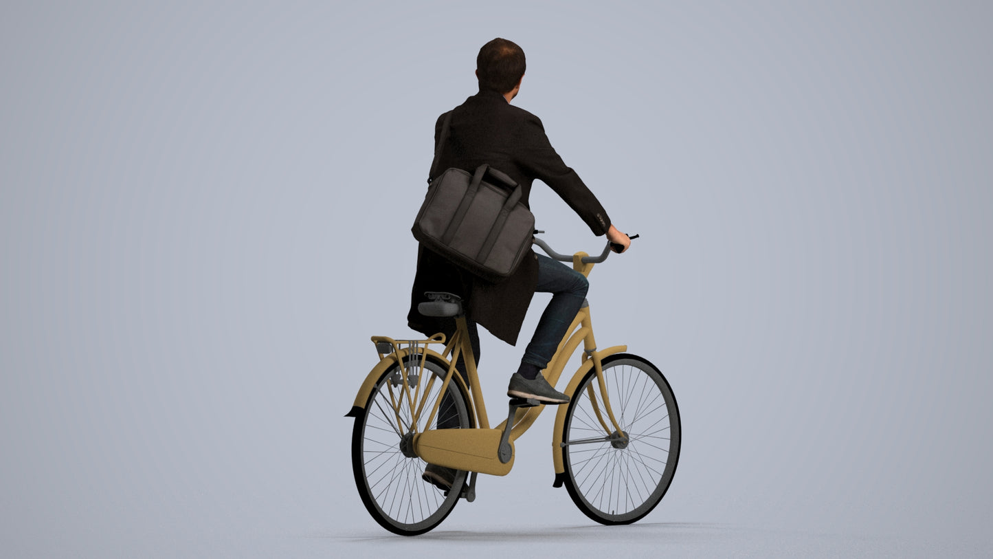 realistic 3D human man business cycling, archviz people FBX OBJ for Blender, front view render