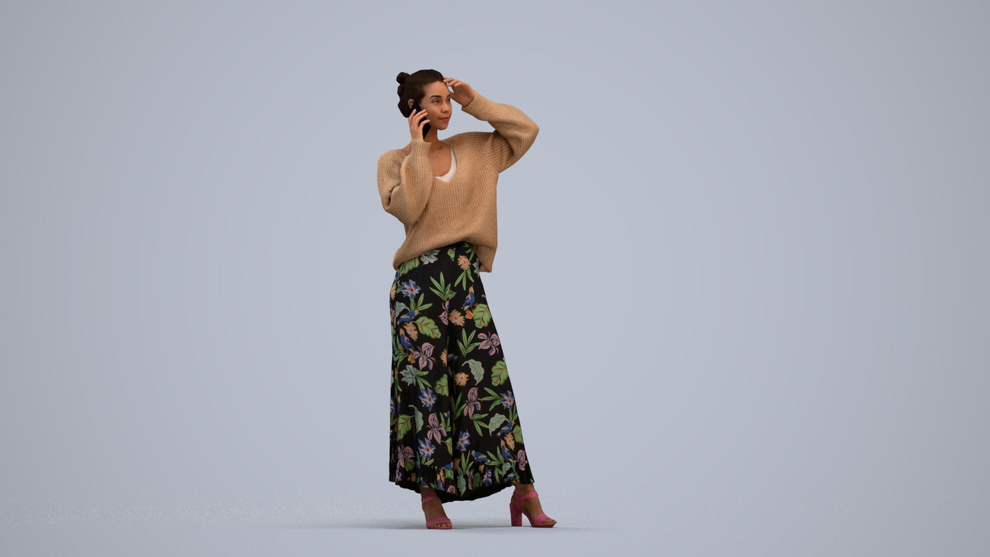 3D human model woman casual standing, photogrammetry scanned person for archviz, standing pose render