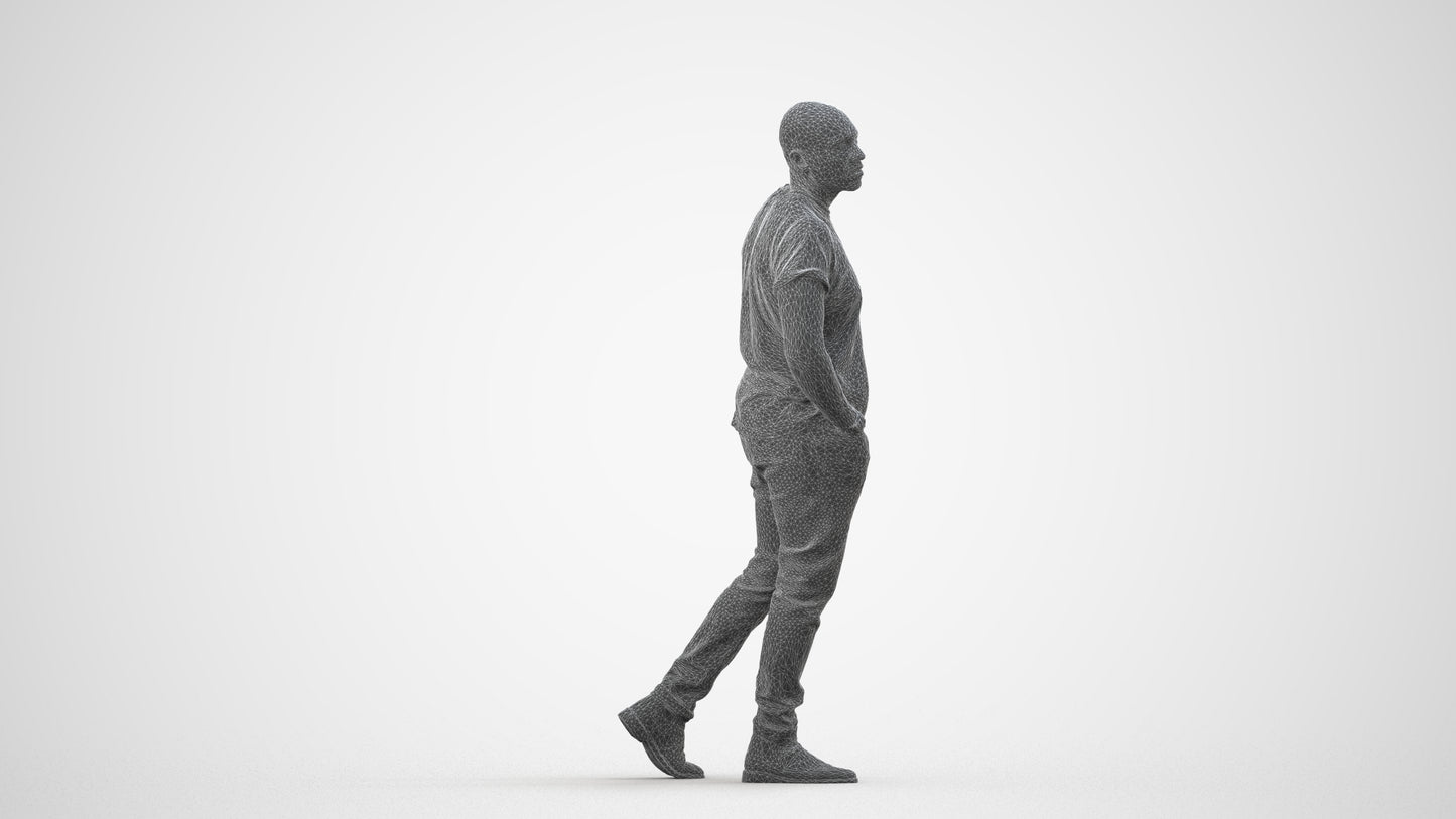 3D scanned man walking casual, photorealistic archviz people for Enscape and SketchUp, wireframe side view