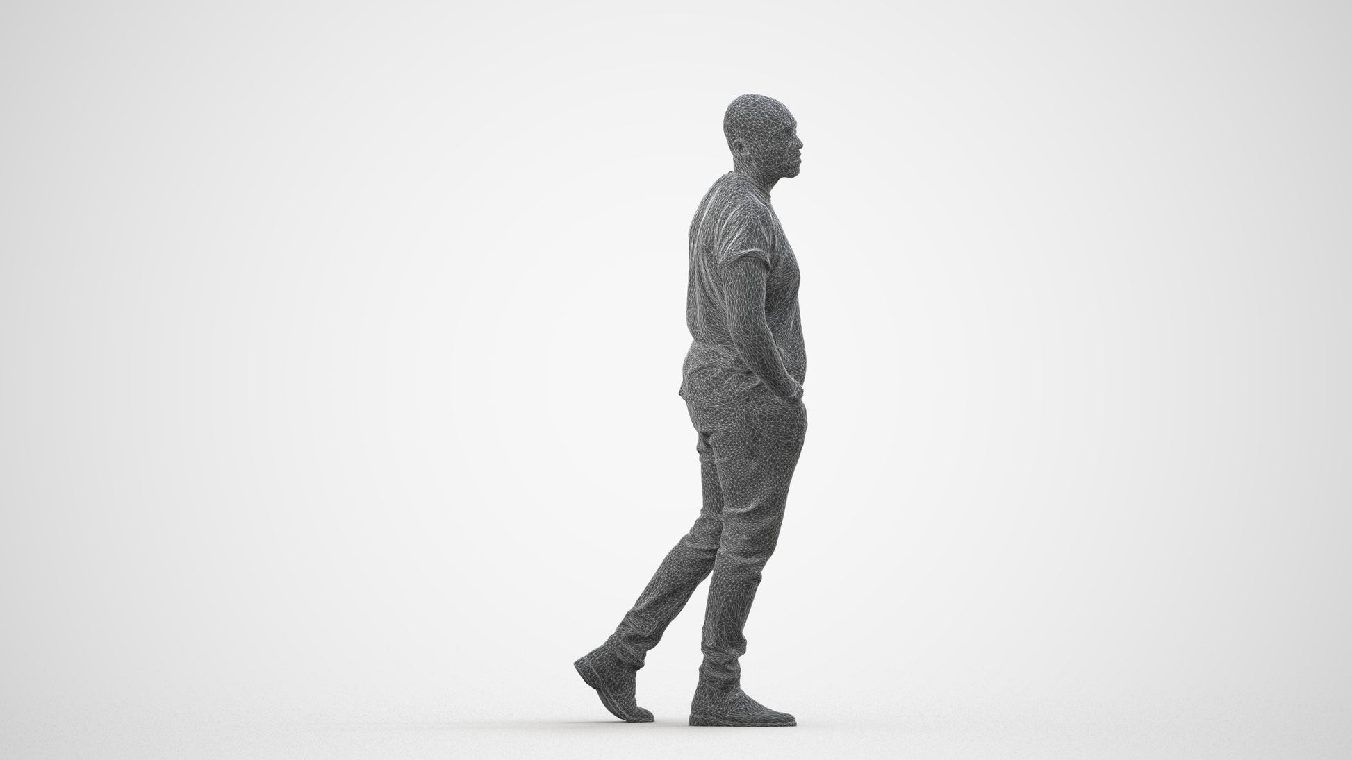 3D scanned man walking casual, photorealistic archviz people for Enscape and SketchUp, wireframe side view