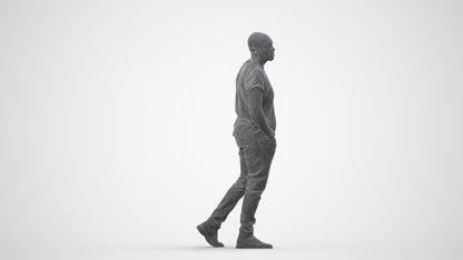 3D scanned man walking casual, photorealistic archviz people for Enscape and SketchUp, wireframe side view