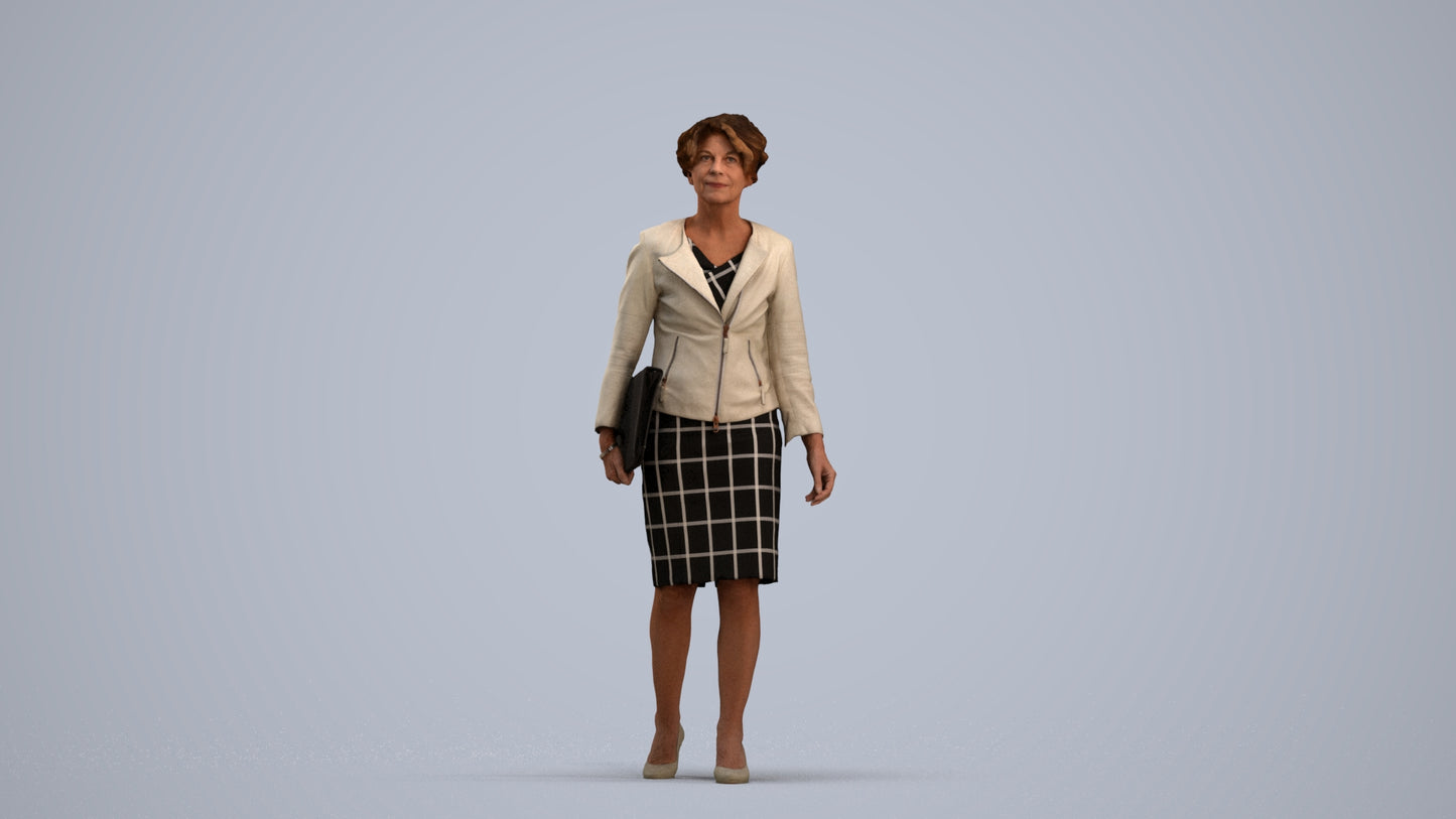 3D scanned woman walking business, photorealistic archviz people for Enscape and SketchUp, standing pose render