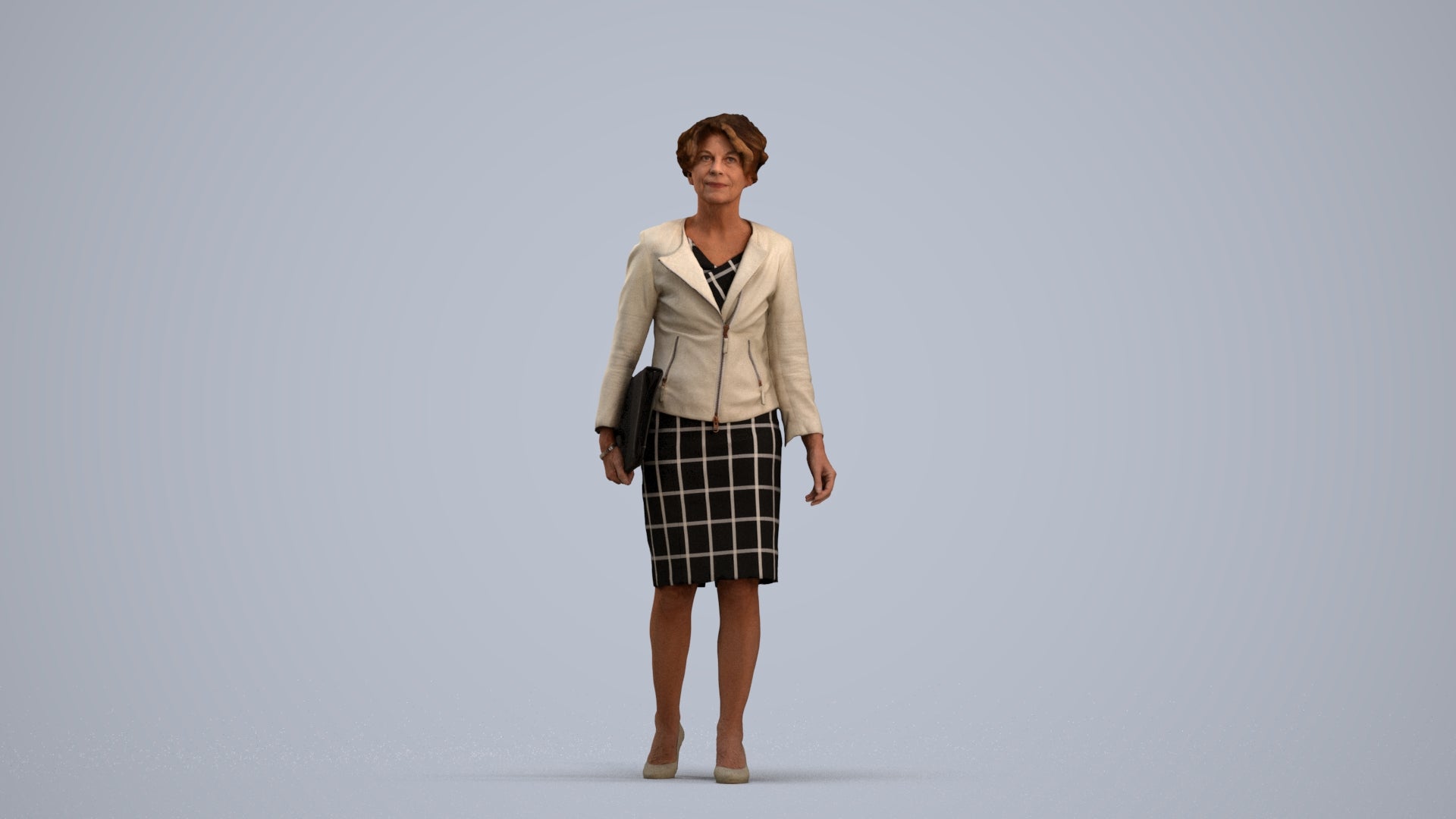 3D scanned woman walking business, photorealistic archviz people for Enscape and SketchUp, standing pose render