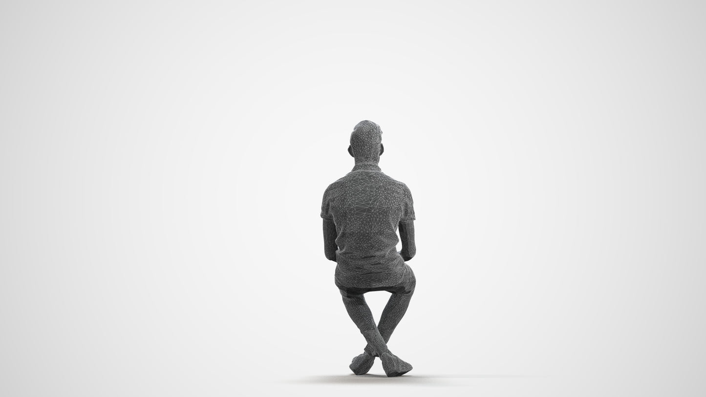 realistic 3D human man casual sitting, archviz people FBX OBJ for Blender, wireframe front view