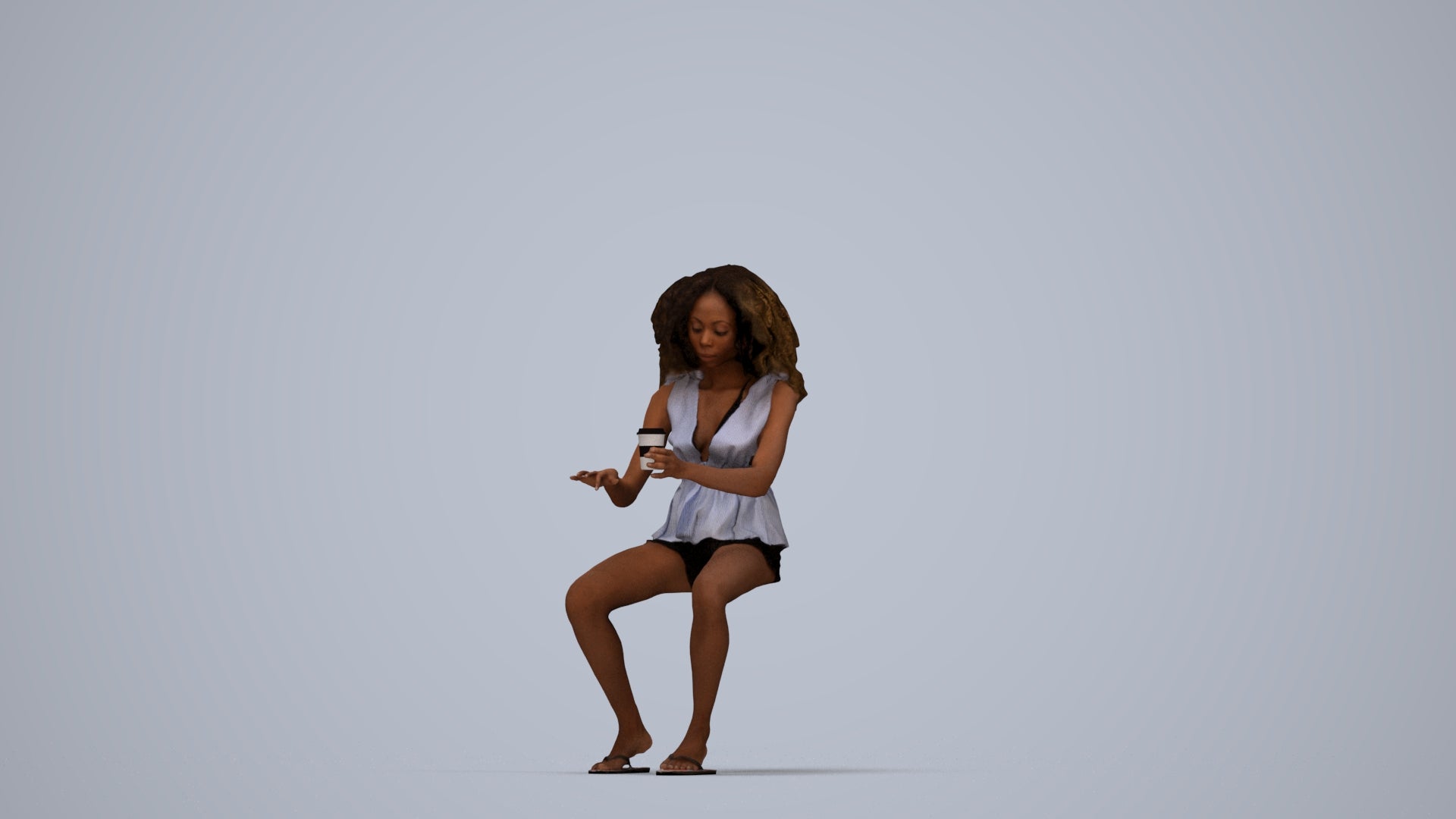 3D human model woman casual sitting, photogrammetry scanned person for archviz, top-down view render