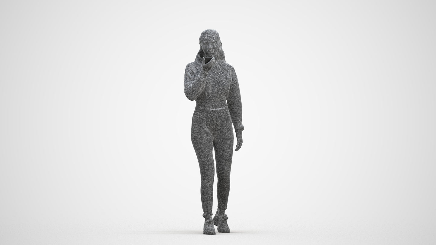 3D human model woman sport, photogrammetry scanned person for archviz, three-quarter front view render