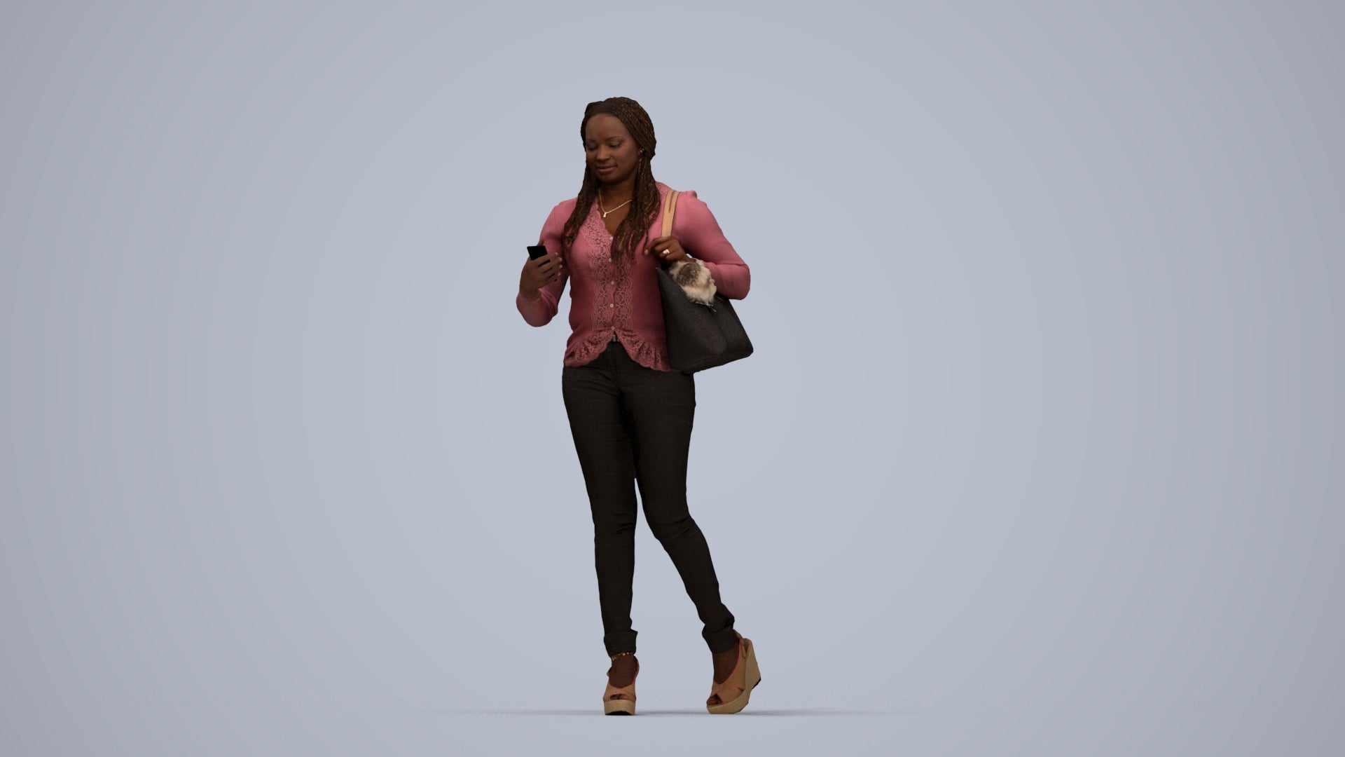 3D scanned woman walking casual, photorealistic archviz people for Enscape and SketchUp, top-down view render