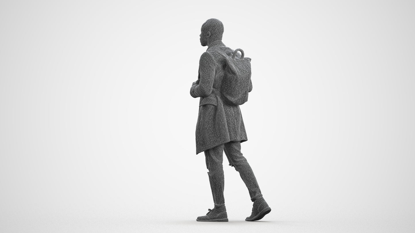 3D people model man casual walking, scanned human for 3ds Max rendering, wireframe front view