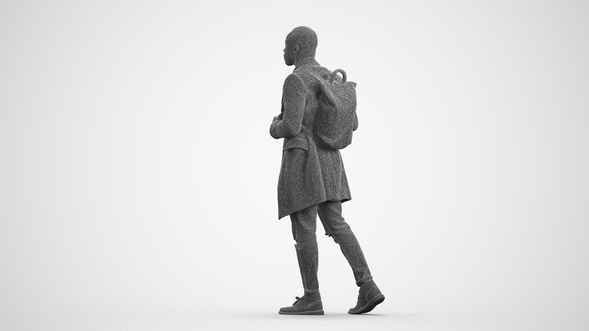 3D people model man casual walking, scanned human for 3ds Max rendering, wireframe front view