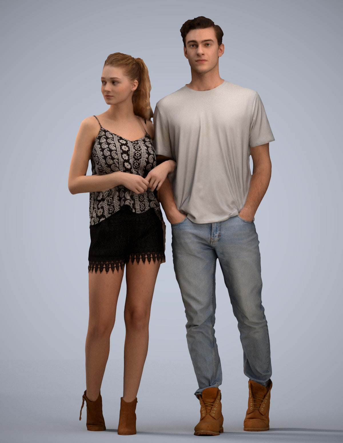realistic 3D people woman casual couple, render-ready for V-Ray and Corona, FBX OBJ