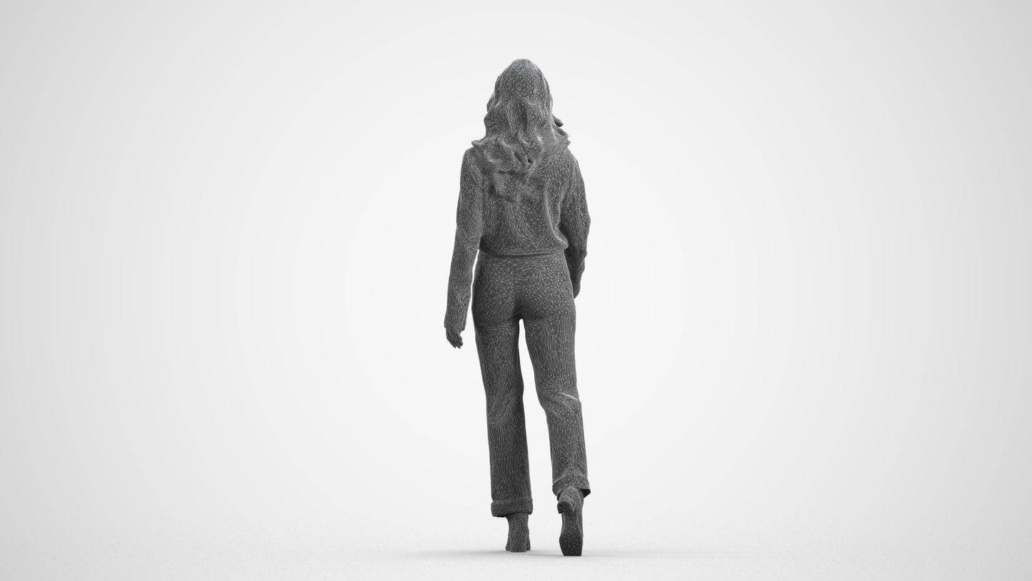 3D human model woman casual walking, photogrammetry scanned person for archviz, wireframe front view