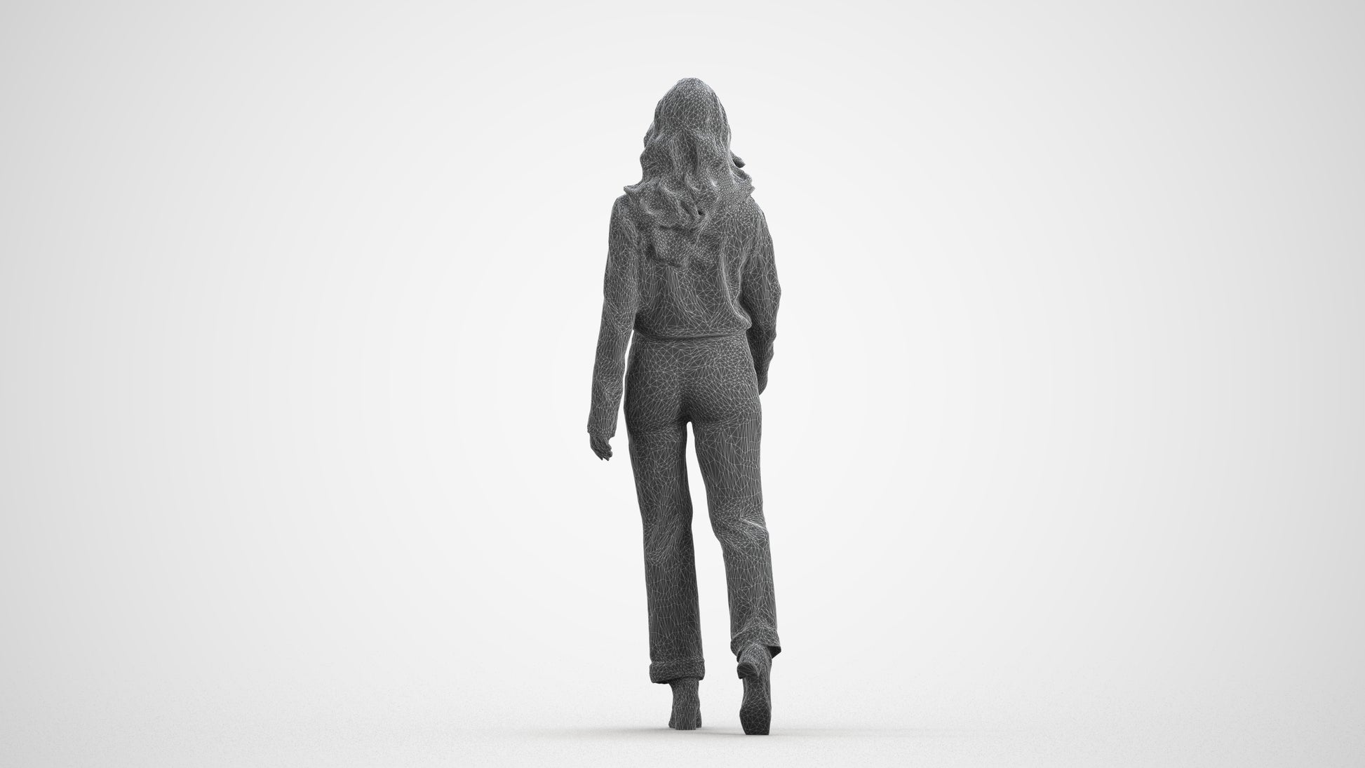 3D human model woman casual walking, photogrammetry scanned person for archviz, wireframe front view