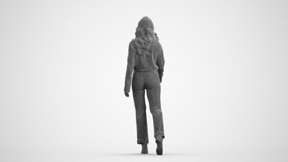 3D human model woman casual walking, photogrammetry scanned person for archviz, wireframe front view