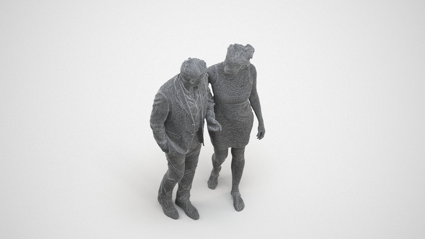 realistic 3D people woman casual couple, render-ready for V-Ray and Corona, FBX OBJ, wireframe three-quarter view