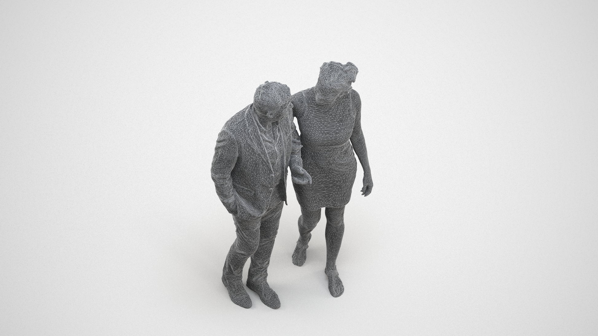 realistic 3D people woman casual couple, render-ready for V-Ray and Corona, FBX OBJ, wireframe three-quarter view