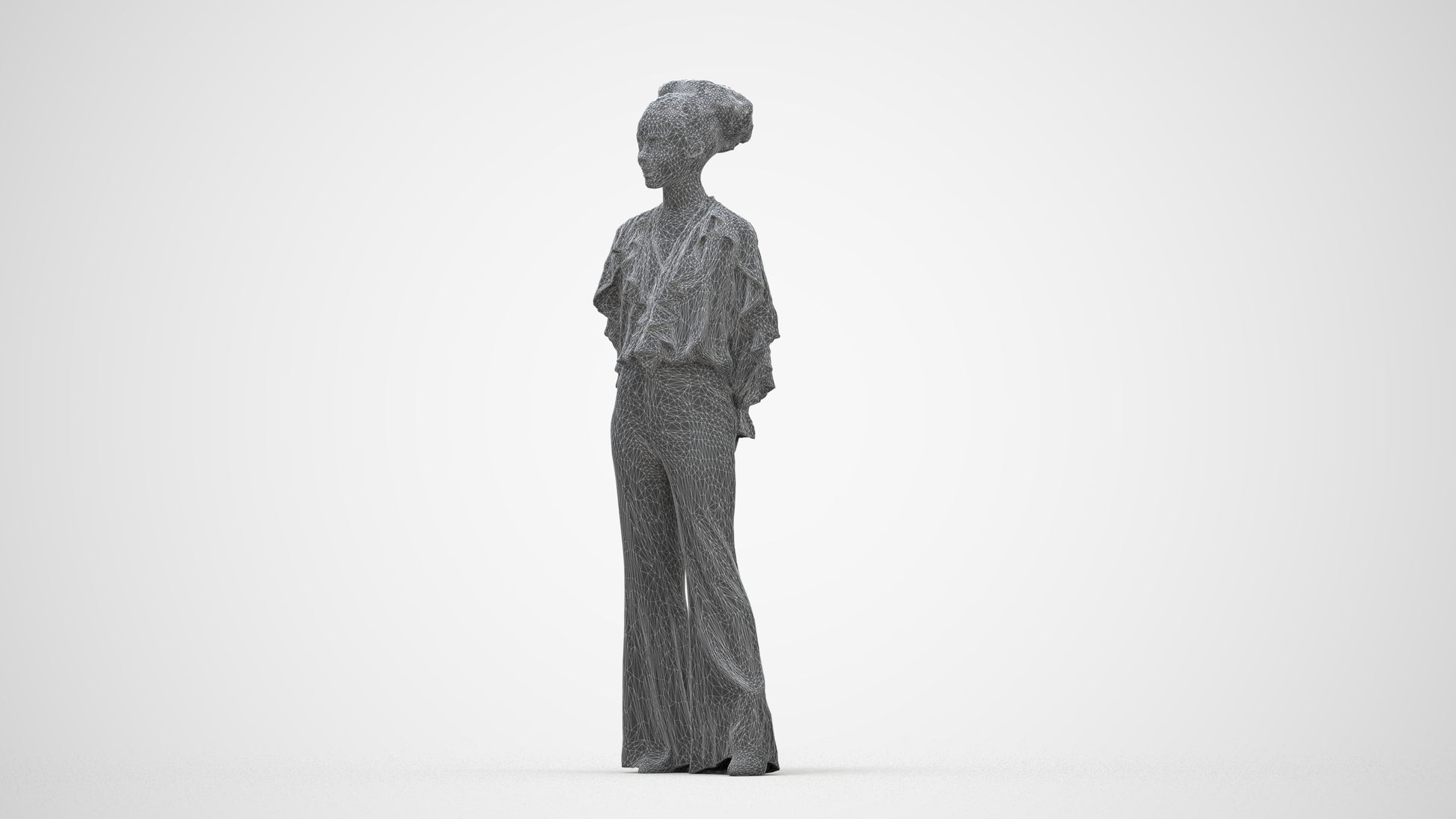 3D scanned woman standing casual, photorealistic archviz people for Enscape and SketchUp, wireframe back view
