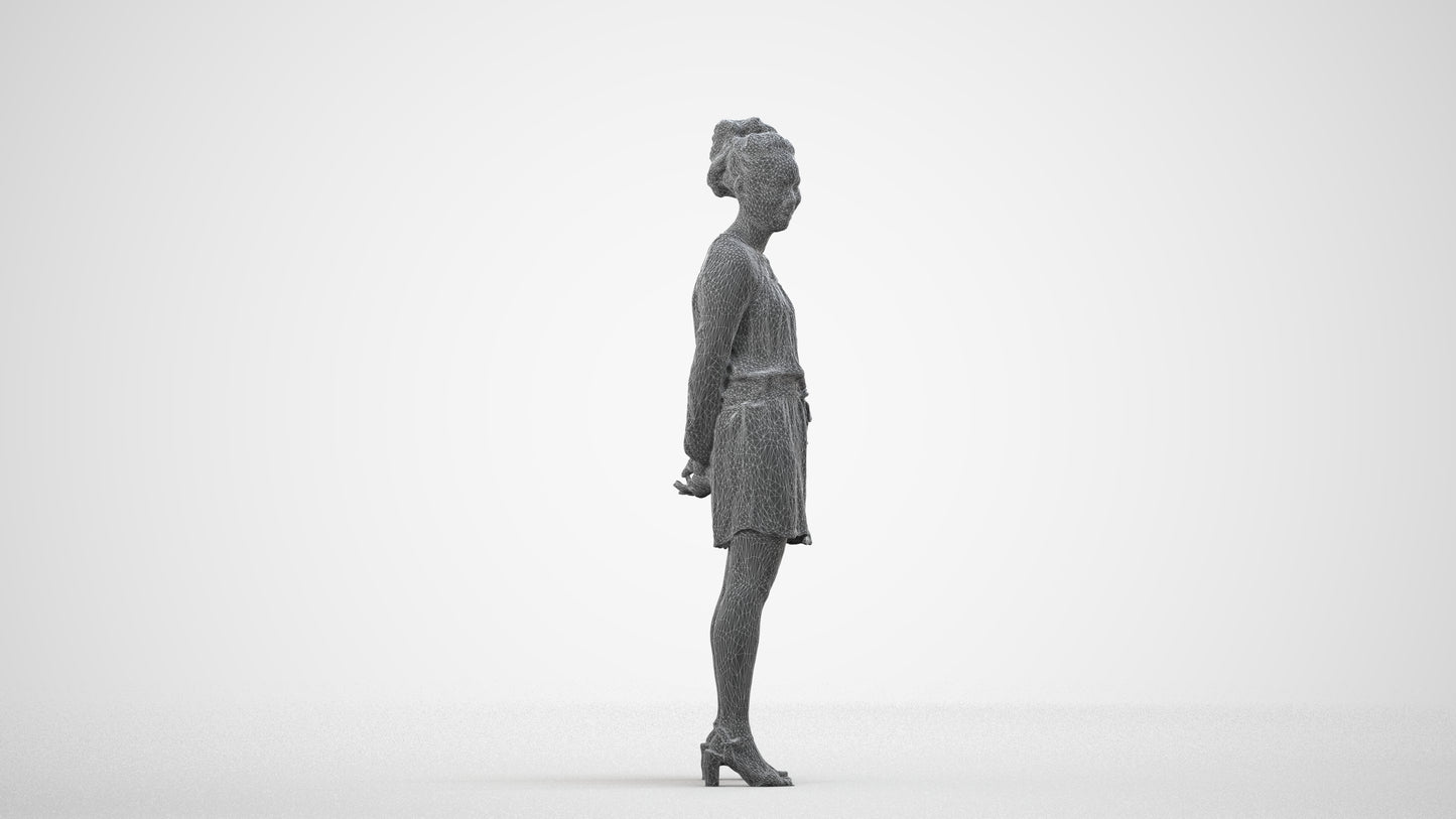 3D people model woman casual standing, scanned human for 3ds Max rendering, wireframe side view