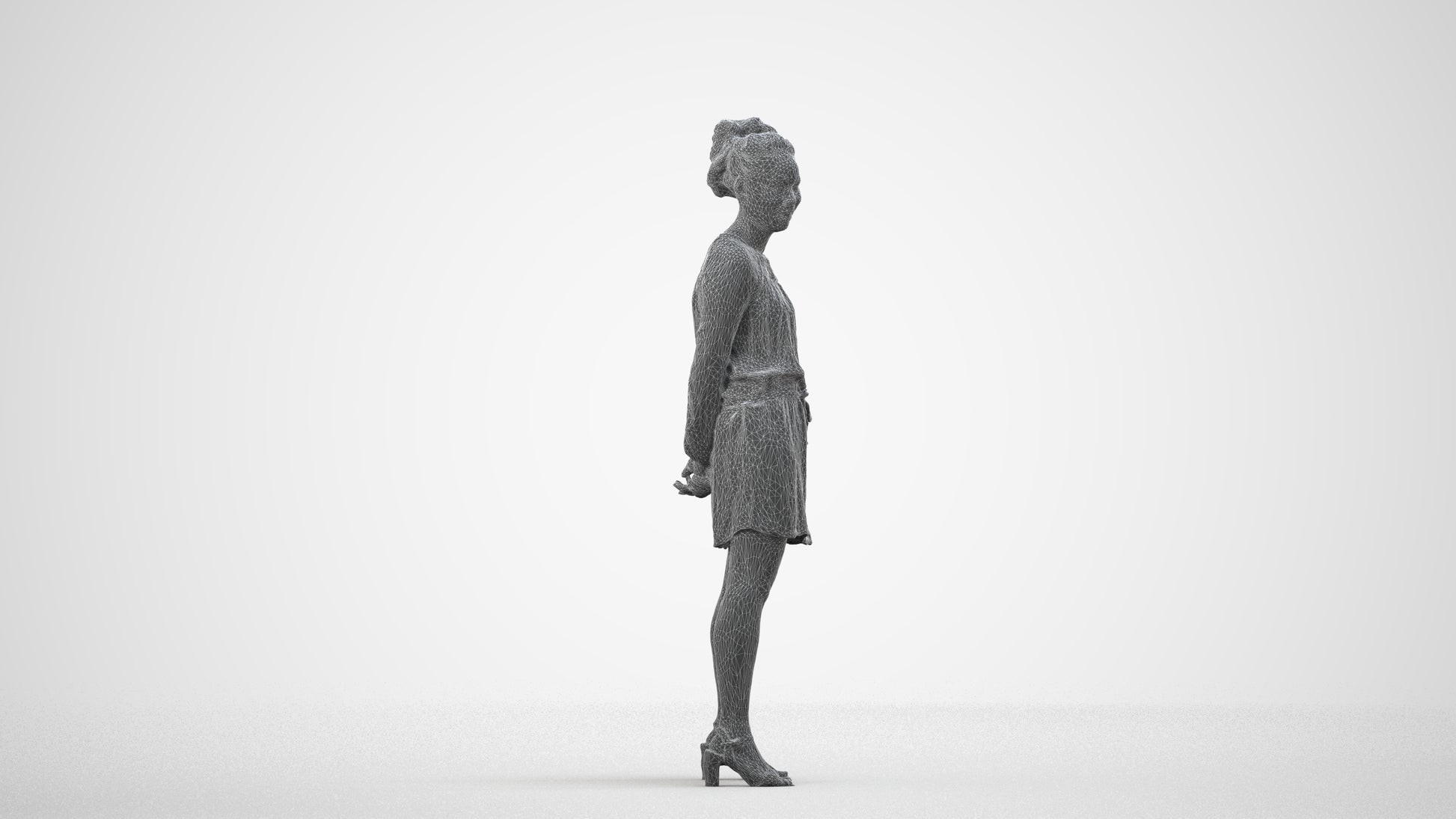 3D people model woman casual standing, scanned human for 3ds Max rendering, wireframe side view