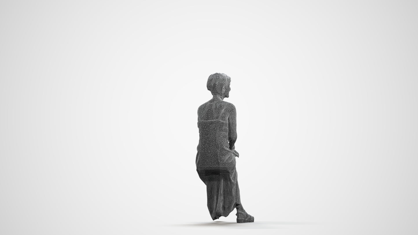 3D people model senior woman sitting, scanned human for 3ds Max rendering, wireframe front view
