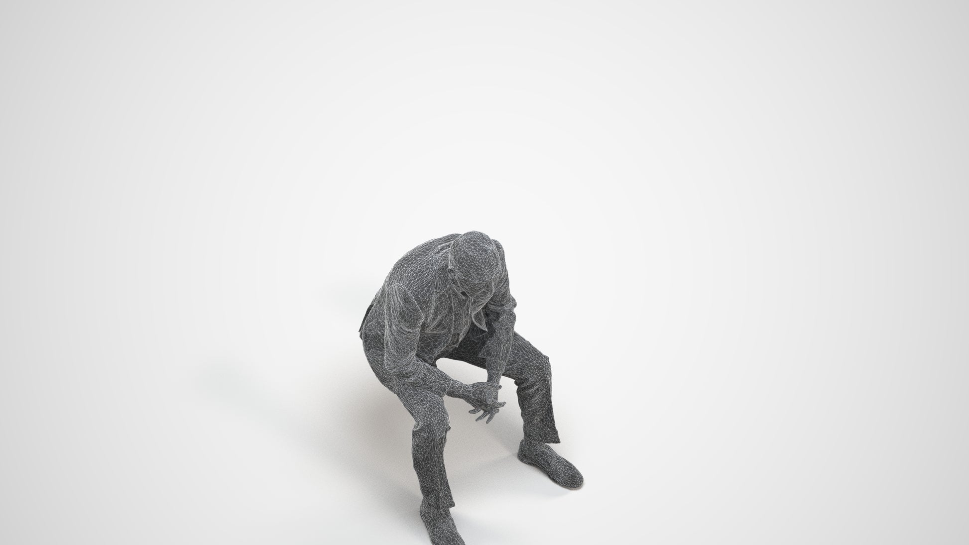 3D human model senior man business sitting, photogrammetry scanned person for archviz, wireframe three-quarter view