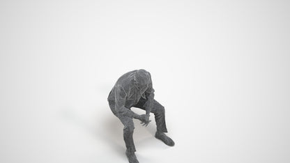 3D human model senior man business sitting, photogrammetry scanned person for archviz, wireframe three-quarter view