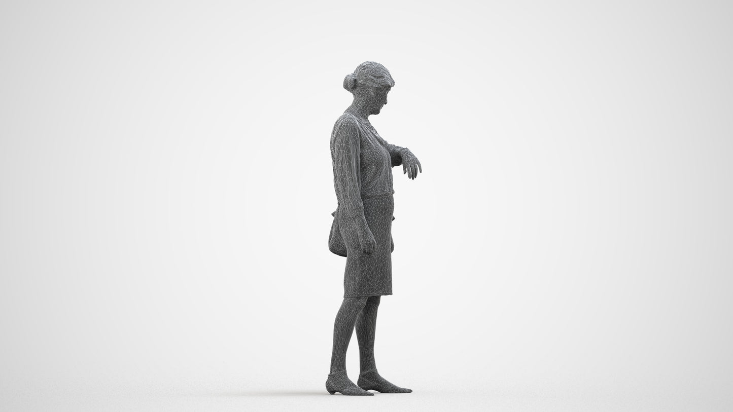 3D scanned senior woman standing business, photorealistic archviz people for Enscape and SketchUp, wireframe side view