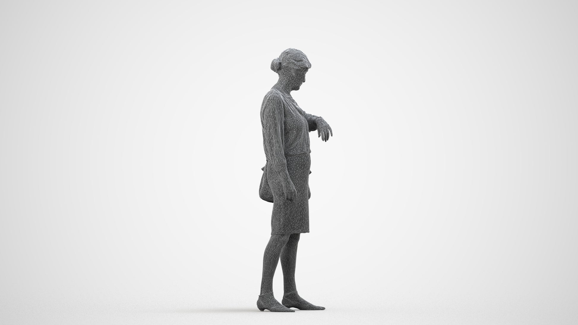3D scanned senior woman standing business, photorealistic archviz people for Enscape and SketchUp, wireframe side view