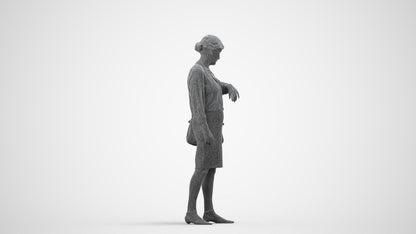 3D scanned senior woman standing business, photorealistic archviz people for Enscape and SketchUp, wireframe side view