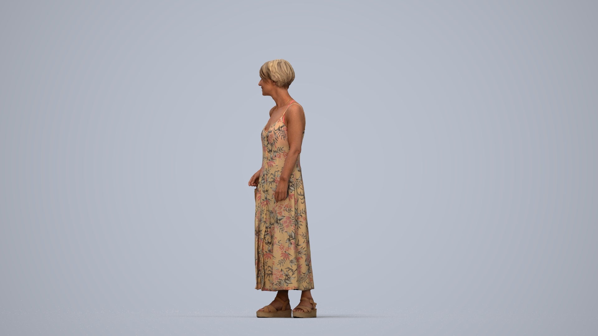3D human model senior woman standing, photogrammetry scanned person for archviz, top-down view render