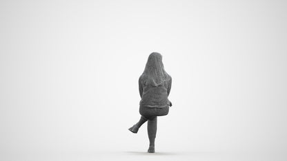 3D human model woman casual sitting, photogrammetry scanned person for archviz, wireframe front view