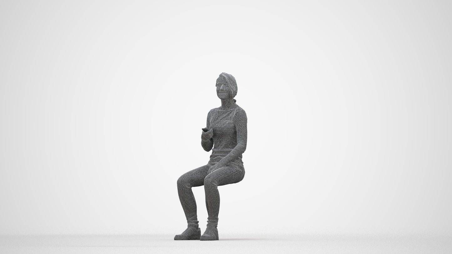 scanned 3D woman casual sitting, photogrammetry people for Enscape and V-Ray, wireframe back view