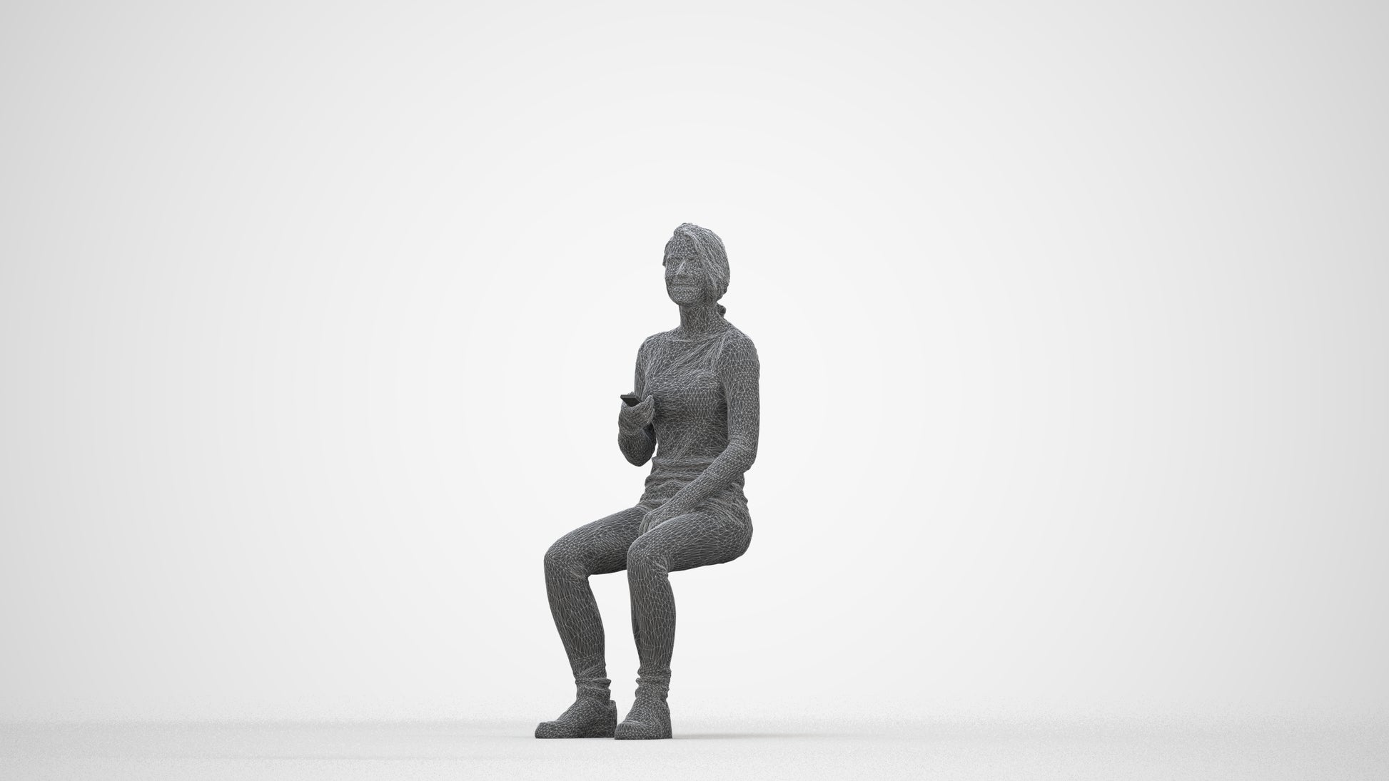 scanned 3D woman casual sitting, photogrammetry people for Enscape and V-Ray, wireframe back view