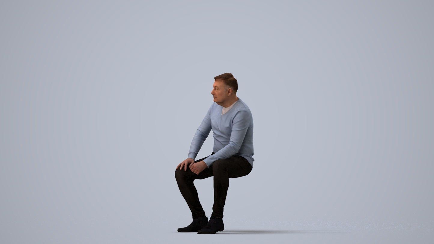 3D people model man casual sitting, scanned human for 3ds Max rendering, three-quarter view render