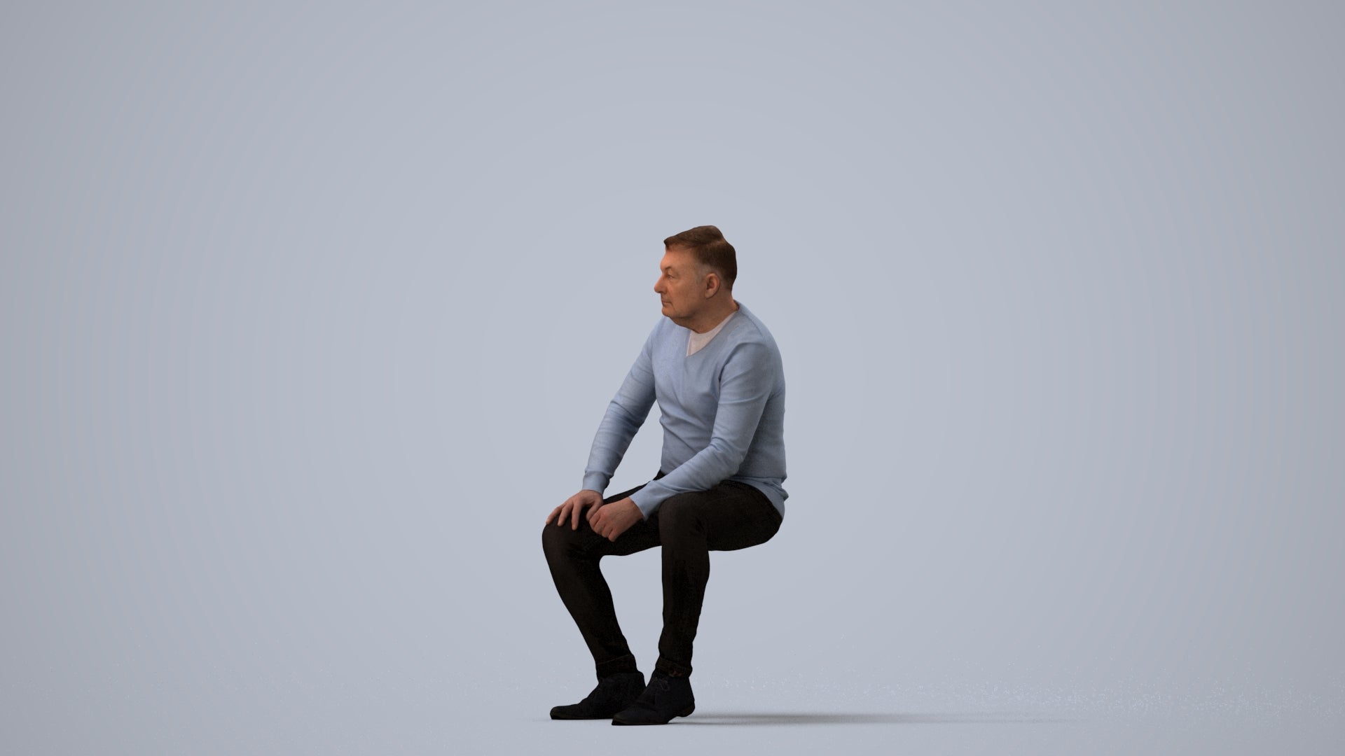 3D people model man casual sitting, scanned human for 3ds Max rendering, three-quarter view render